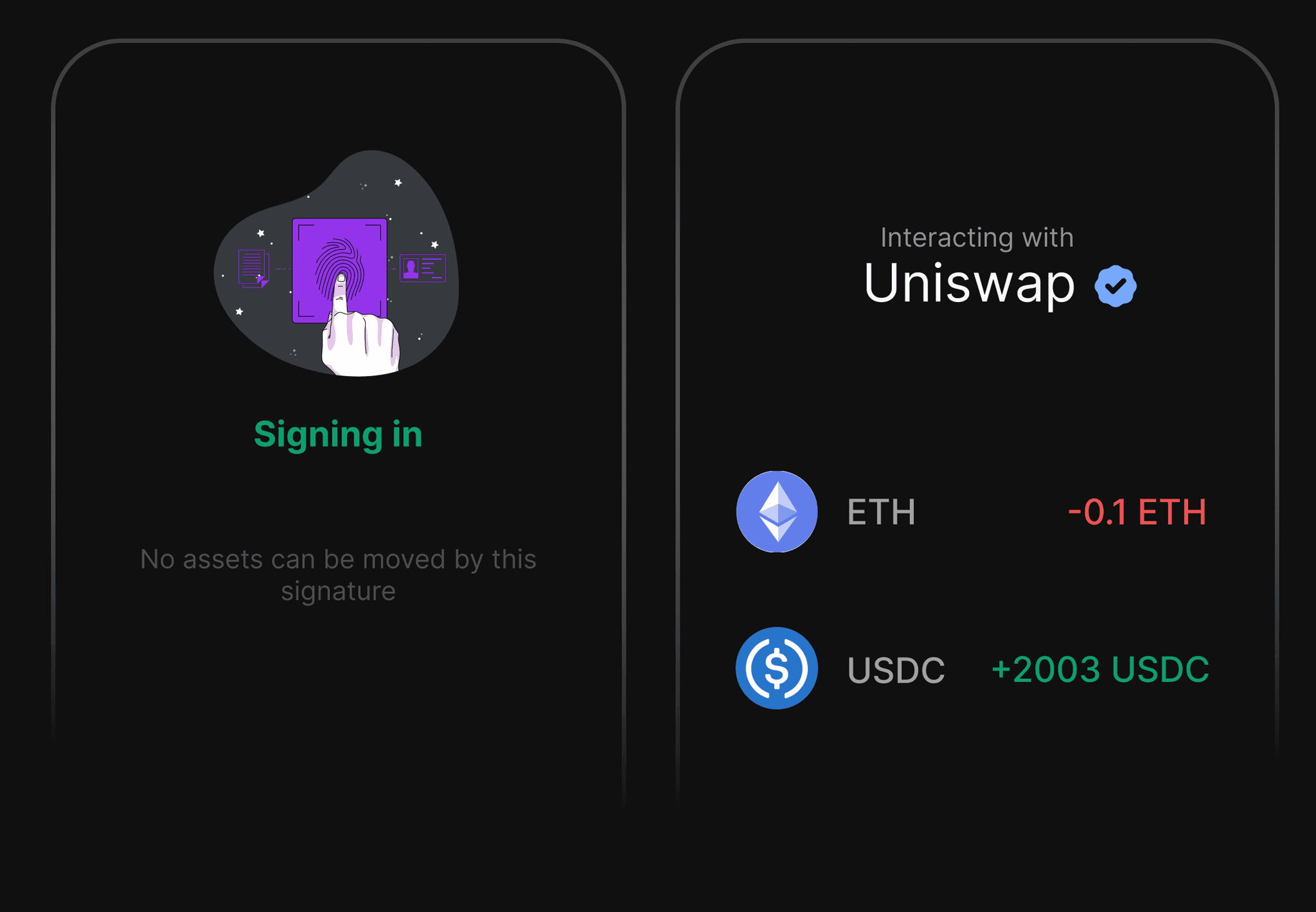 Pocket Universe popup showing which assets move in a Uniswap swap