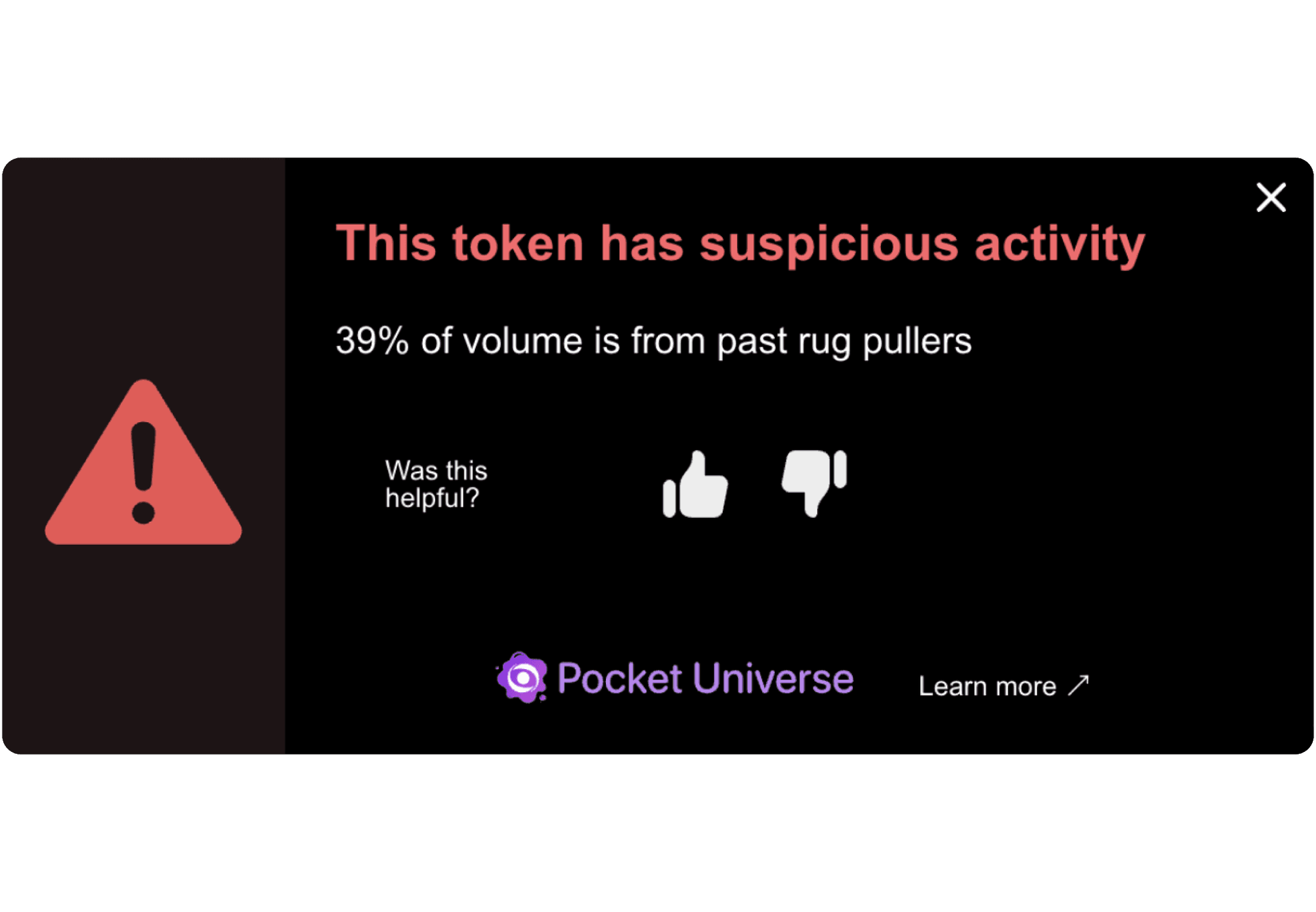 Pocket Universe warning that a token has suspicious activity