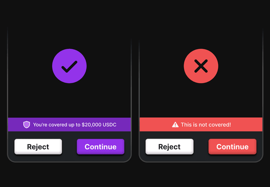 Pocket Universe popups side by side: a covered transaction showing “You're covered up to $20,000 USDC” and a not-covered transaction showing “This is not covered!”