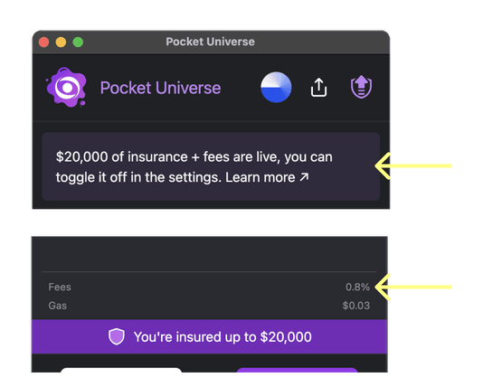 Pocket Universe extension showing the insurance-and-fees banner and a popup with the fee percentage listed above the estimated gas price