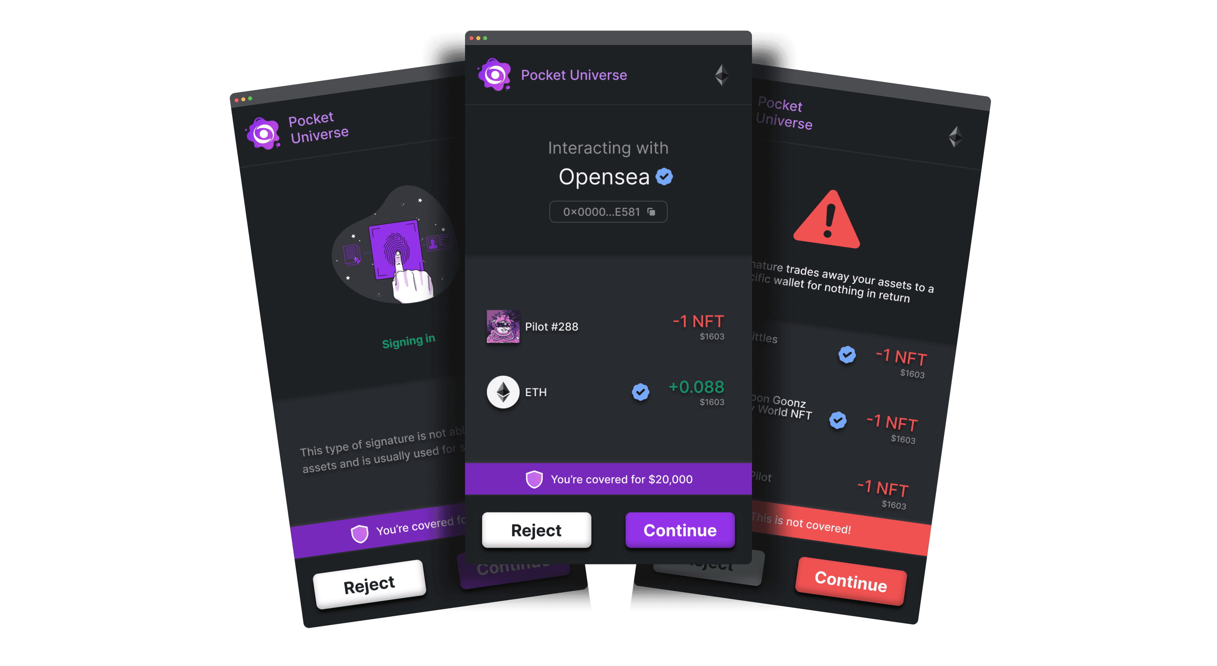 Pocket Universe simulation popups warning about malicious transactions